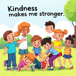 A vibrant illustration of a diverse group of children, smiling and helping each other in a sunny park setting