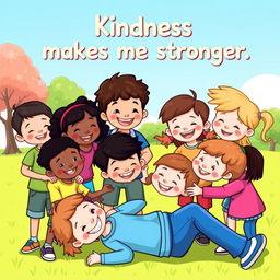 A vibrant illustration of a diverse group of children, smiling and helping each other in a sunny park setting