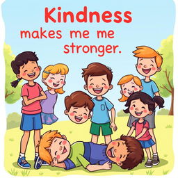 A vibrant illustration of a diverse group of children, smiling and helping each other in a sunny park setting