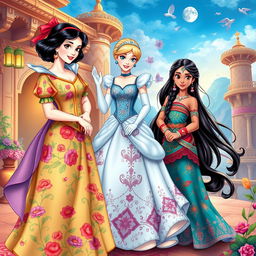 A beautiful, detailed illustration featuring Snow White, Cinderella, and Moana dressed in traditional Iranian attire
