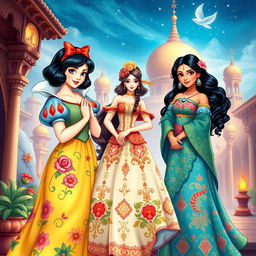 A beautiful, detailed illustration featuring Snow White, Cinderella, and Moana dressed in traditional Iranian attire