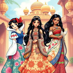 A beautiful, detailed illustration featuring Snow White, Cinderella, and Moana dressed in traditional Iranian attire