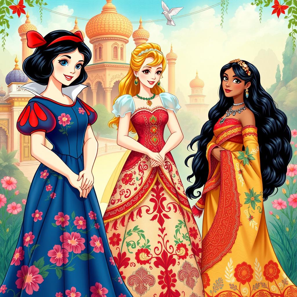 A beautiful, detailed illustration featuring Snow White, Cinderella, and Moana dressed in traditional Iranian attire