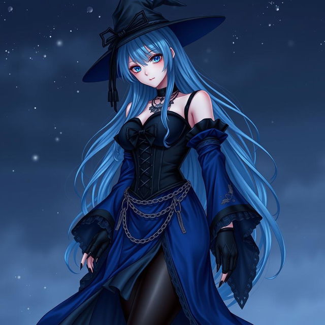 A captivating gothic anime girl witch Kitsune, featuring long, sexy blue hair that flows beautifully to her lower back, topped with an iconic witch's hat