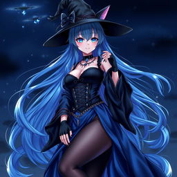 A captivating gothic anime girl witch Kitsune, featuring long, sexy blue hair that flows beautifully to her lower back, topped with an iconic witch's hat