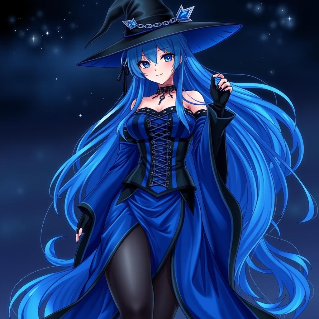 A captivating gothic anime girl witch Kitsune, featuring long, sexy blue hair that flows beautifully to her lower back, topped with an iconic witch's hat