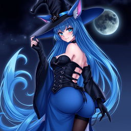 A captivating gothic anime girl witch Kitsune, featuring long, sexy blue hair that flows beautifully to her lower back, topped with an iconic witch's hat