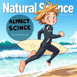 An engaging anime-style cover art for an educational natural science magazine featuring a friendly athletic surfer teen boy