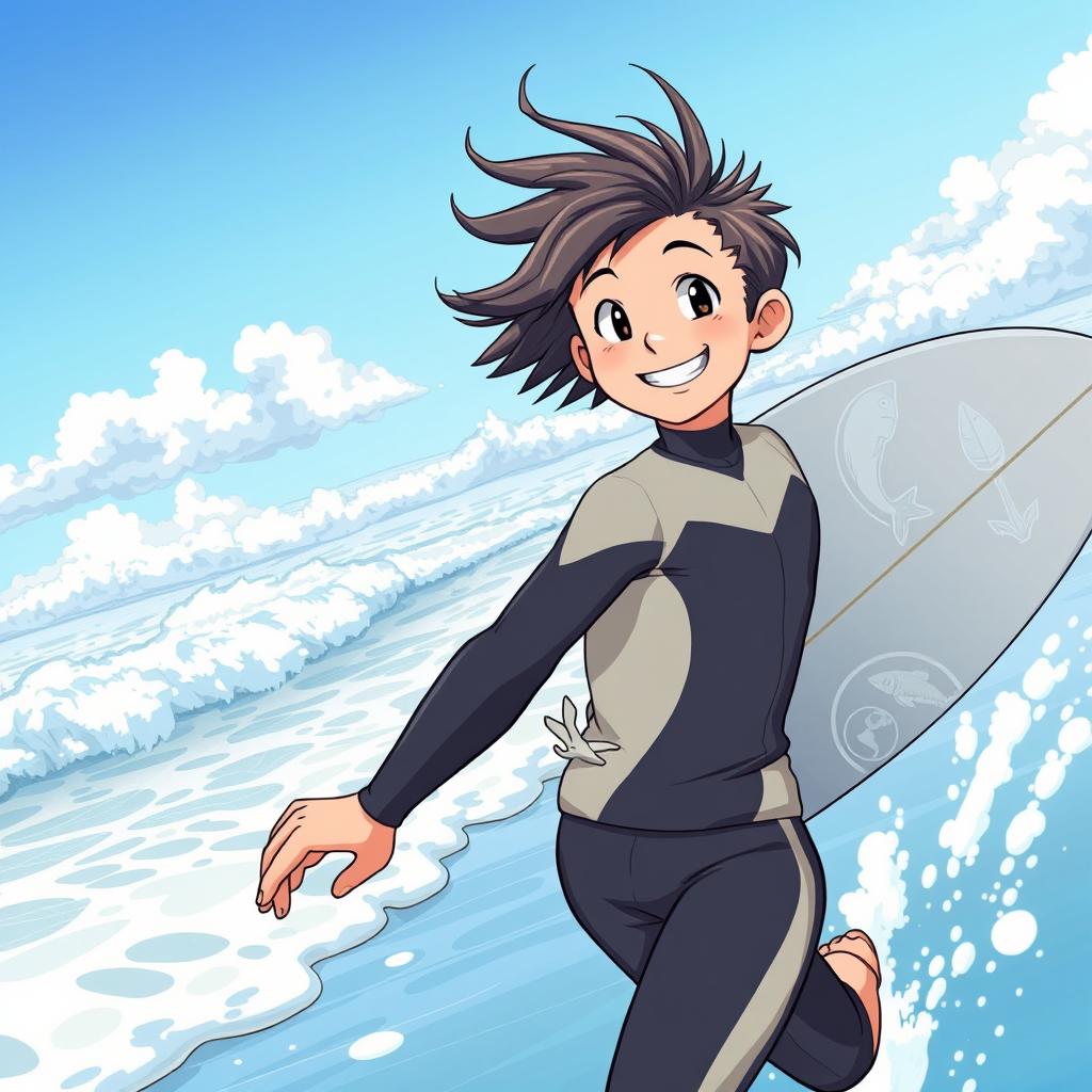 An engaging anime-style cover art for an educational natural science magazine featuring a friendly athletic surfer teen boy