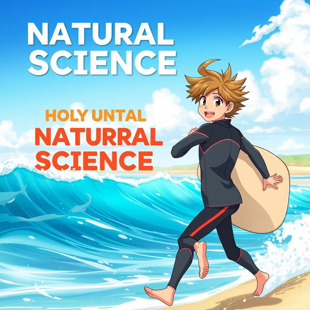 An engaging anime-style cover art for an educational natural science magazine featuring a friendly athletic surfer teen boy