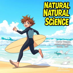 An engaging anime-style cover art for an educational natural science magazine featuring a friendly athletic surfer teen boy