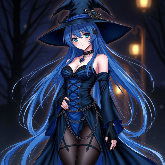 An alluring gothic anime girl witch, featuring long, sexy blue hair flowing down to her lower back, accompanied by an elegant witch's hat