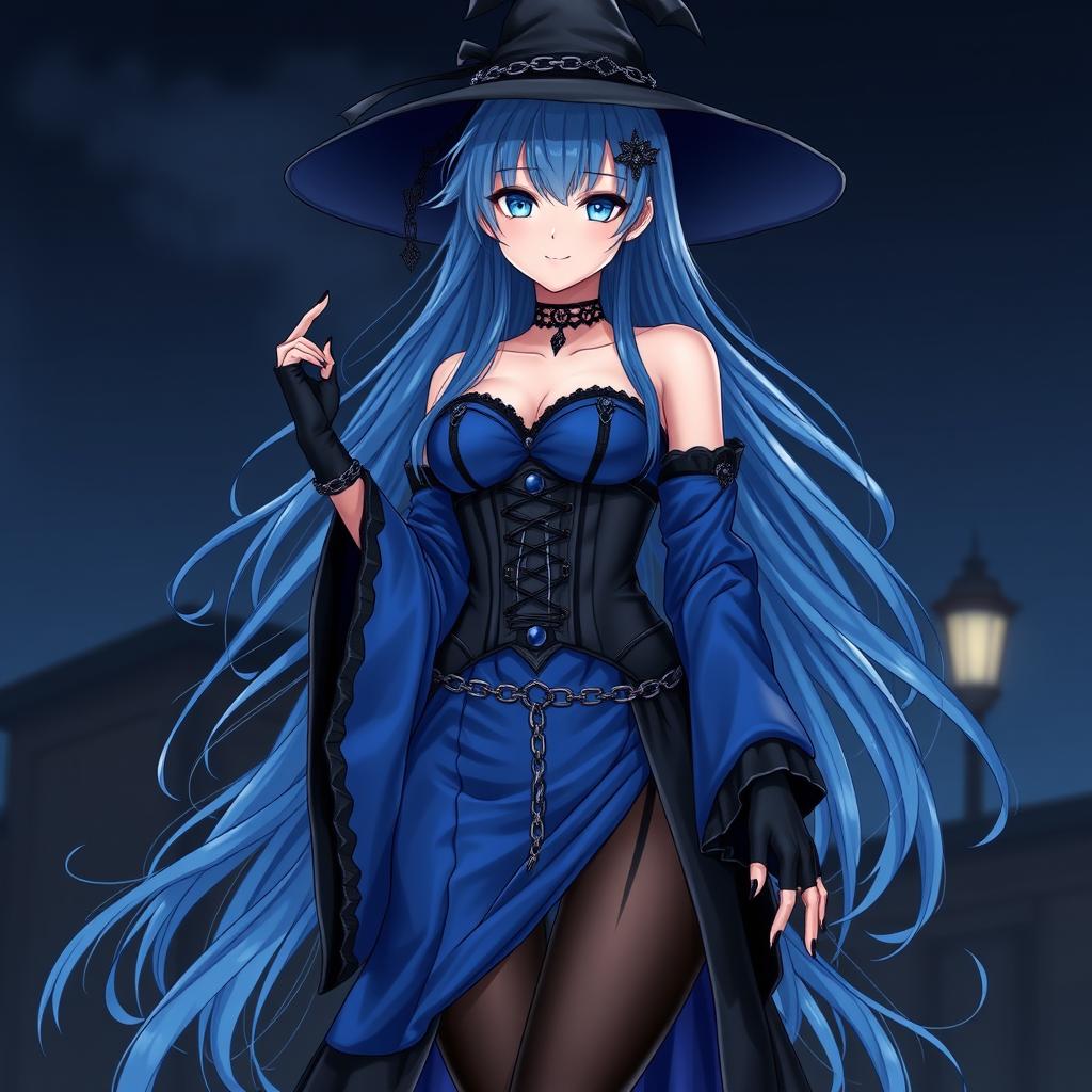 An alluring gothic anime girl witch, featuring long, sexy blue hair flowing down to her lower back, accompanied by an elegant witch's hat