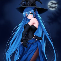 An alluring gothic anime girl witch, featuring long, sexy blue hair flowing down to her lower back, accompanied by an elegant witch's hat