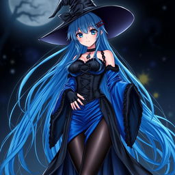 An alluring gothic anime girl witch, featuring long, sexy blue hair flowing down to her lower back, accompanied by an elegant witch's hat