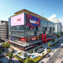 A modern television headquarters building for the brand TeleRed, showcasing an innovative architectural design with a sleek glass facade, large digital signage displaying the TeleRed logo, and vibrant colors that represent the brand