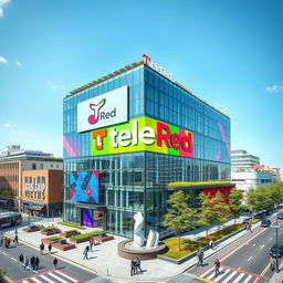 A modern television headquarters building for the brand TeleRed, showcasing an innovative architectural design with a sleek glass facade, large digital signage displaying the TeleRed logo, and vibrant colors that represent the brand