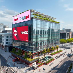 A modern television headquarters building for the brand TeleRed, showcasing an innovative architectural design with a sleek glass facade, large digital signage displaying the TeleRed logo, and vibrant colors that represent the brand