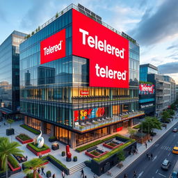 A modern television headquarters building for the brand TeleRed, showcasing an innovative architectural design with a sleek glass facade, large digital signage displaying the TeleRed logo, and vibrant colors that represent the brand
