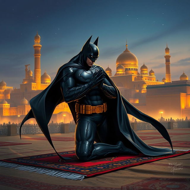 A dramatic scene depicting Batman and Venom in the holy city of Karbala, deeply engaged in a spiritual moment of worship