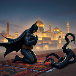 A dramatic scene depicting Batman and Venom in the holy city of Karbala, deeply engaged in a spiritual moment of worship