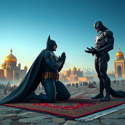 A dramatic scene depicting Batman and Venom in the holy city of Karbala, deeply engaged in a spiritual moment of worship