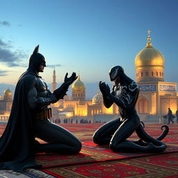 A dramatic scene depicting Batman and Venom in the holy city of Karbala, deeply engaged in a spiritual moment of worship