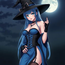 A sultry gothic anime girl witch, showcased in a seductive pose against a night backdrop