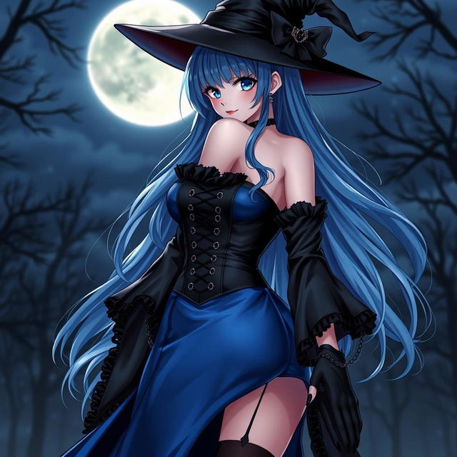 A sultry gothic anime girl witch, showcased in a seductive pose against a night backdrop