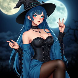 A sultry gothic anime girl witch, showcased in a seductive pose against a night backdrop