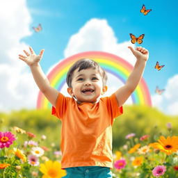 A vibrant and cheerful scene depicting a young child standing confidently with arms raised in a triumphant pose