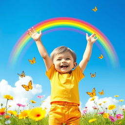 A vibrant and cheerful scene depicting a young child standing confidently with arms raised in a triumphant pose