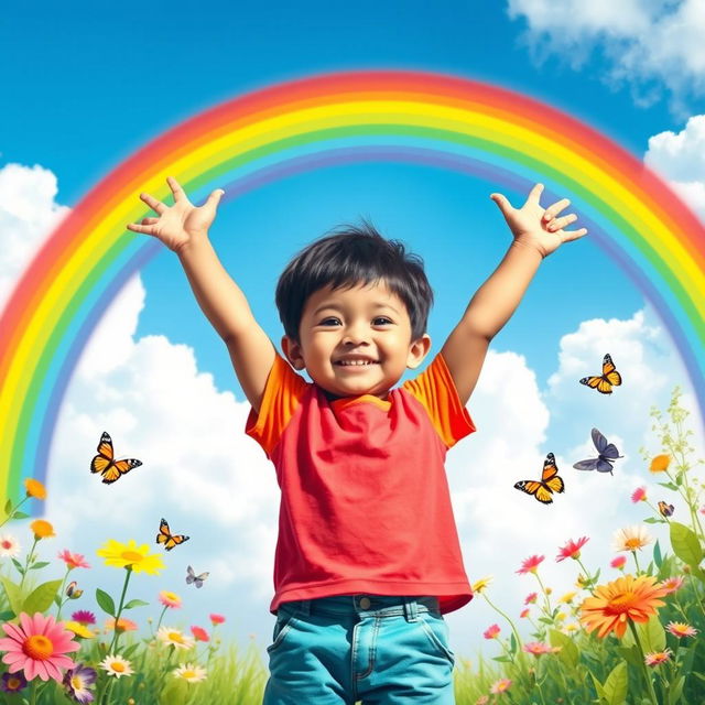 A vibrant and cheerful scene depicting a young child standing confidently with arms raised in a triumphant pose