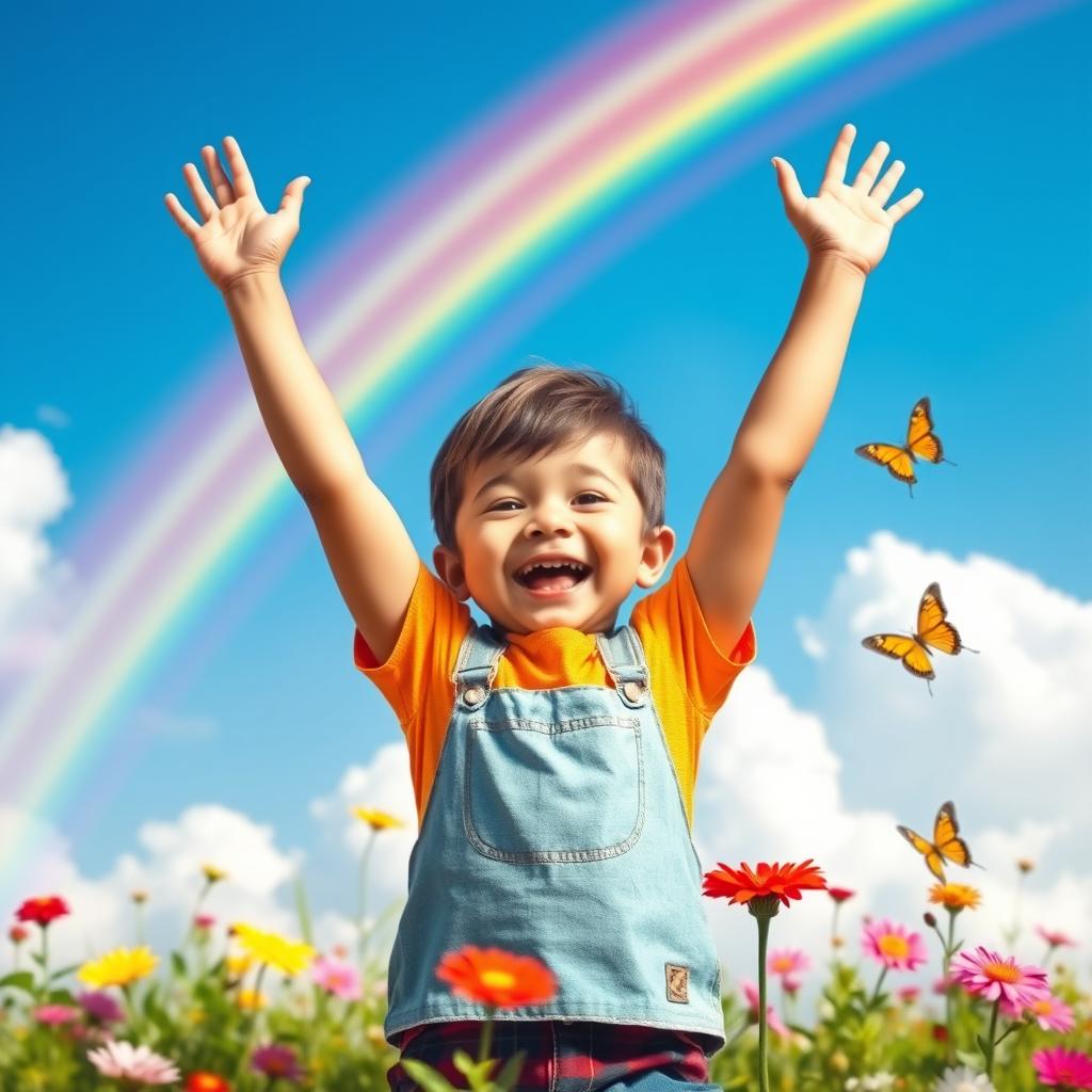 A vibrant and cheerful scene depicting a young child standing confidently with arms raised in a triumphant pose