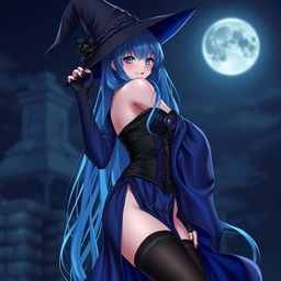 A sultry gothic anime girl witch, striking a seductive pose against a night background
