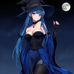 A sultry gothic anime girl witch, striking a seductive pose against a night background