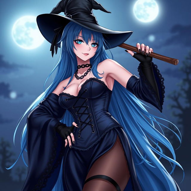 A sultry gothic anime girl witch, striking a seductive pose against a night background