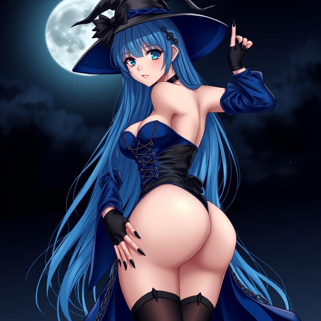 A sultry gothic anime girl witch, striking a seductive pose against a night background