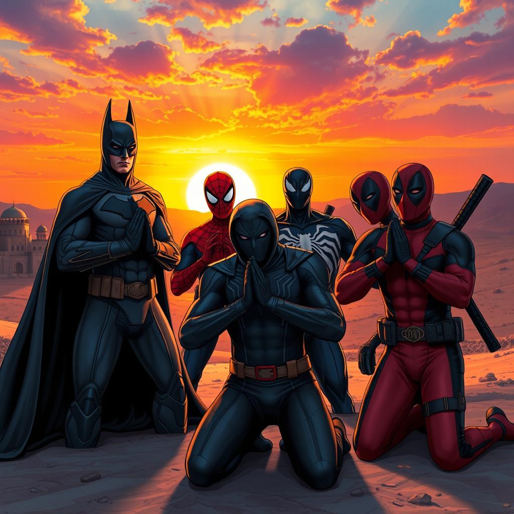 A powerful scene depicting Batman, Spider-Man, Venom, and Deadpool in a dramatic prayer pose in Karbala, surrounded by a vivid sunset backdrop