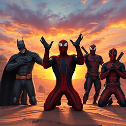 A powerful scene depicting Batman, Spider-Man, Venom, and Deadpool in a dramatic prayer pose in Karbala, surrounded by a vivid sunset backdrop