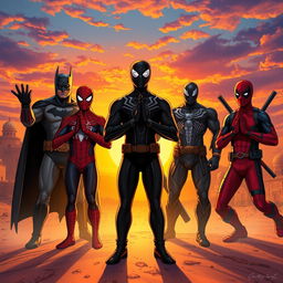 A powerful scene depicting Batman, Spider-Man, Venom, and Deadpool in a dramatic prayer pose in Karbala, surrounded by a vivid sunset backdrop