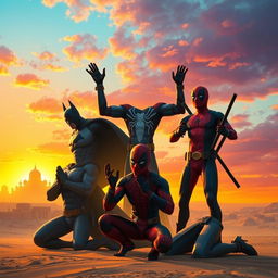 A powerful scene depicting Batman, Spider-Man, Venom, and Deadpool in a dramatic prayer pose in Karbala, surrounded by a vivid sunset backdrop