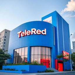 A striking blue building designed for a television network called TeleRed