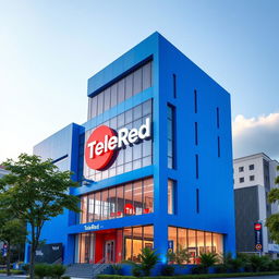 A striking blue building designed for a television network called TeleRed