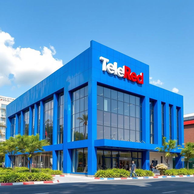 A striking blue building designed for a television network called TeleRed