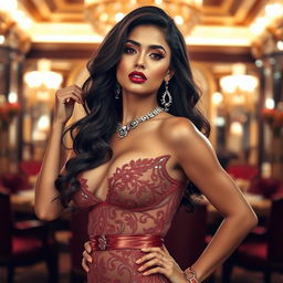 A sultry model posing in a glamorous, high-fashion setting, highlighting her confidence and allure
