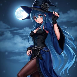 A captivating gothic anime girl witch, striking a seductive pose under the moonlight