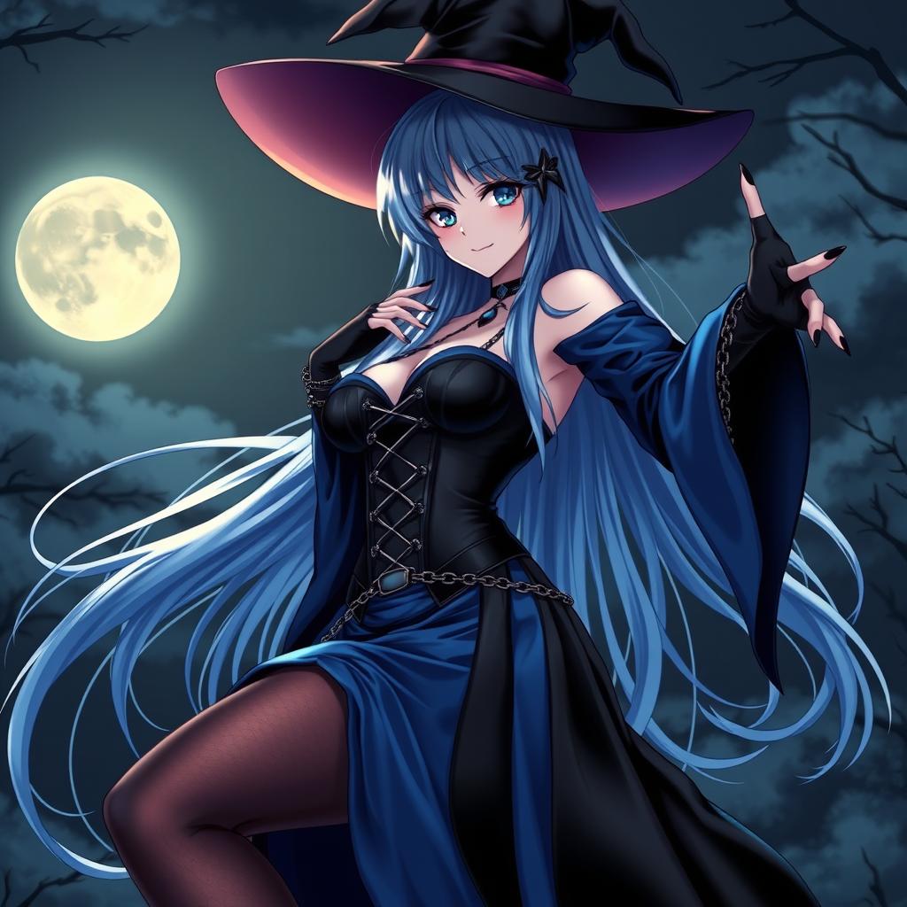 A captivating gothic anime girl witch, striking a seductive pose under the moonlight