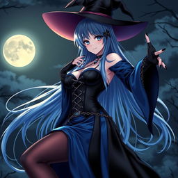 A captivating gothic anime girl witch, striking a seductive pose under the moonlight