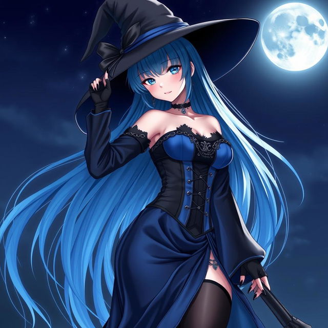 A captivating gothic anime girl witch, striking a seductive pose under the moonlight